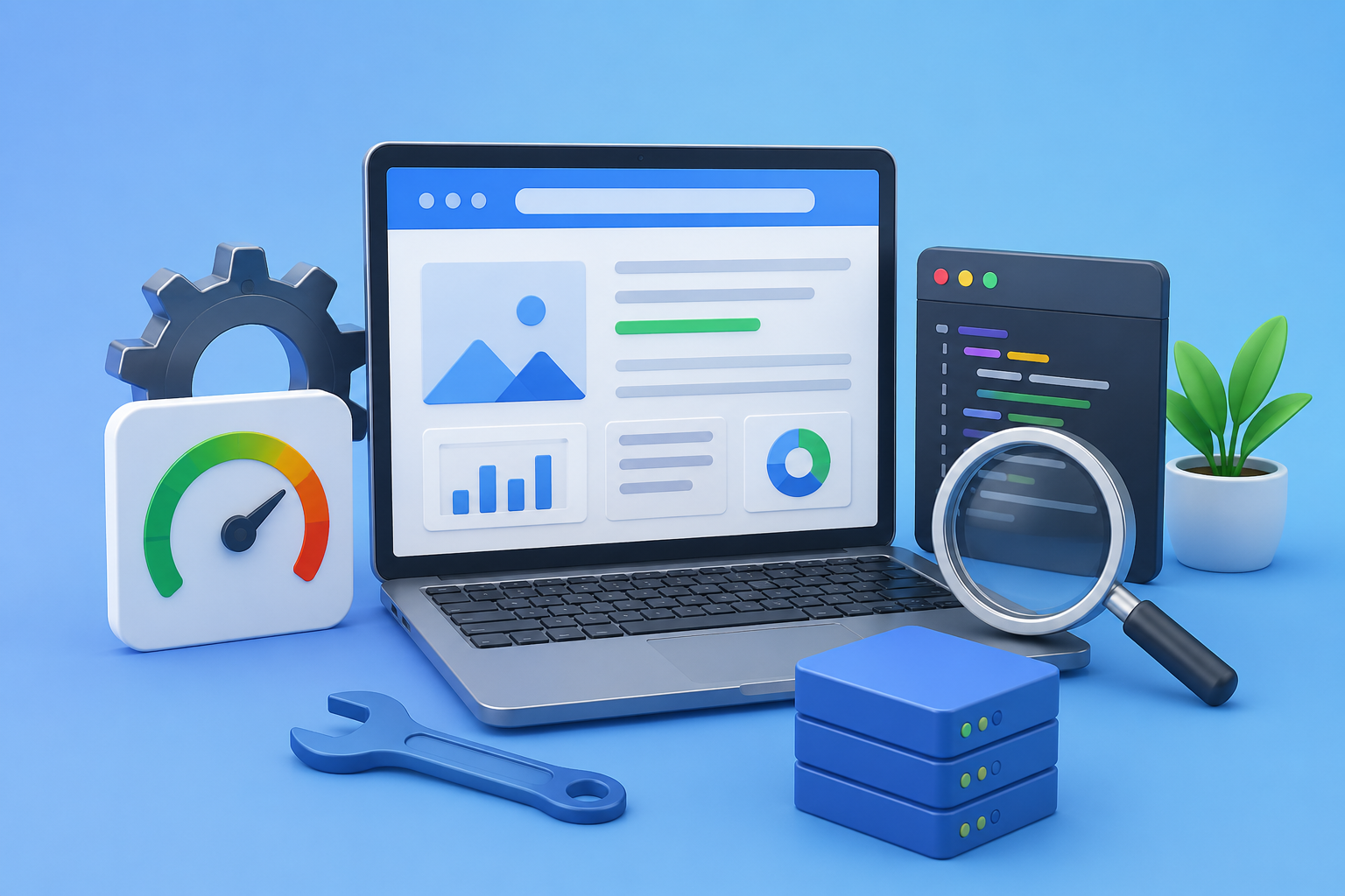 Technical SEO Guide for Beginners illustration showing website optimization, speed, crawling, indexing, and SEO performance tools