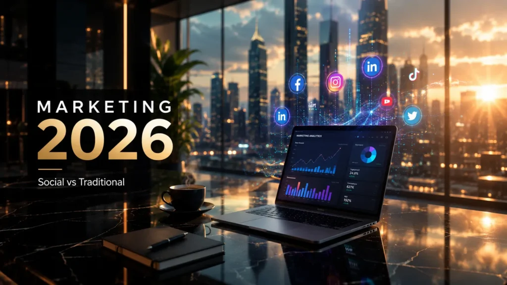 Create an ultra-realistic 4K YouTube thumbnail (3840×2160, 16:9) for a marketing business video. Premium Adobe Photoshop quality with cinematic lighting, luxury corporate branding, and award-winning composition.
Scene:
A futuristic executive office on the 70th floor of a glass skyscraper overlooking a vibrant neon city at golden hour. Floor-to-ceiling windows, reflective black marble desk, premium laptop displaying colorful AI marketing analytics, holographic social media icons floating in the air, subtle digital particles, glowing data streams, luxury coffee cup, minimal desk accessories, elegant indoor plant, dramatic sun rays, volumetric lighting, shallow depth of field, soft reflections, realistic shadows.
Style:
Apple-inspired minimalism mixed with high-end corporate advertising. Clean, modern, expensive, elegant, futuristic, cinematic, magazine-cover quality. Rich contrast, teal & orange color grading, subtle gold accents, premium typography space, luxury branding aesthetic.
Text (minimal):
MARKETING
2026
Subtitle:
Social vs Traditional
Typography:
Bold modern sans-serif, white with subtle gold accent, perfectly aligned, occupying only 20–25% of the frame, leaving plenty of negative space.
Effects:
Ultra photorealistic, ray tracing, HDR, global illumination, soft bloom, premium reflections, crisp details, realistic textures, depth of field, cinematic atmosphere, no clutter, highly professional, visually striking.
marketing strategy 2026